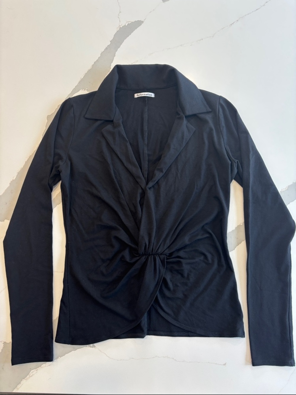 REFORMATION…Black Long Sleeve collared Faux Wrap/Gathered Tulip Hem Top.. NWOT